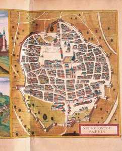 Italia, Sulmona, La ciudad de Sulmona de Civitates Orbis Terrarum por Georg Braun y Franz Hogenberg, grabado