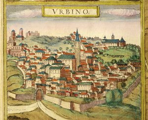 Italia, Urbino, Vista de la ciudad, grabado en color de Civitates Orbis Terrarum por Georg Braun y Franz Hogenberg