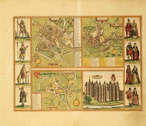 Mapa de York, Shrewsbury, Lancaster y Castillo de Richmond de Civitates Orbis Terrarum por Georg Braun de Georg Braun and Hogenberg Franz