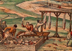 Procesamiento de atún, escena de Civitates Orbis Terrarum de Georg Braun and Hogenberg Franz