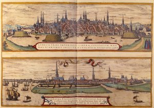 Vista superior de la ciudad de Lübeck, abajo la ciudad de Hamburgo en Alemania. Grabado del Atlas de "Braun y Hogenberg" 1572 de Georg Braun and Hogenberg Franz