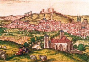Ciudad de Burgos en España con pastores y rebaño de ovejas en primer plano (1576). Grabado en Civitatis Orbis Terrarum de Georg Braun and Hogenberg Franz