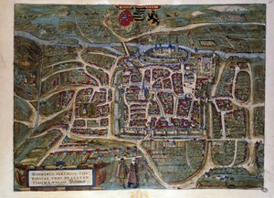 Mapa de la ciudad alemana de Weimar. Grabado del Atlas de “Braun y Hogenberg” 1572 de Georg Braun and Hogenberg Franz
