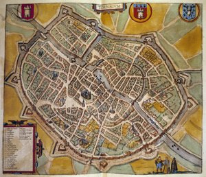 Mapa de la ciudad de Tours en Francia. Grabado del Atlas de "Braun y Hogenberg" 1572 de Georg Braun and Hogenberg Franz