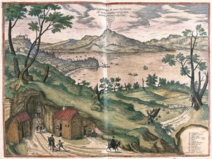 La Bahía de Nápoles y el Vesubio, Italia, en 1579 de Georg Braun and Hogenberg Franz