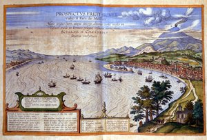 El Estrecho de Mesina - Calabria está a la izquierda mientras que Mesina y el Etna están a la derecha en Sicilia. Atlas de Braun y Hogenberg de Georg Braun and Hogenberg Franz