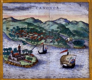 Vista de Canonor (o Cannanore) en India de una edición de “Civitates Orbis Terrarum” de Braun y Hogenberg