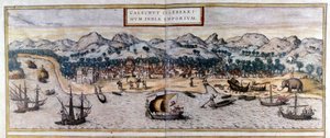 Vista de Kozhikode o Calicut en India del Atlas “Civitates Orbis Terrarum” de Braun & Hogenberg