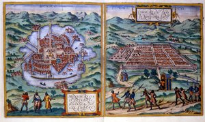 Vista de la Ciudad de México (México) y Cuzco (Perú). Atlas Braun & Hogenberg de Georg Braun and Hogenberg Franz