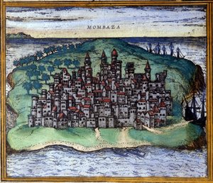 Vista de Mombasa o Mombassa, Kenia en el siglo XVI, cuando la ciudad fue ocupada por los portugueses después del Atlas “Civitates Orbis Terrarum” de Braun y Hogenberg