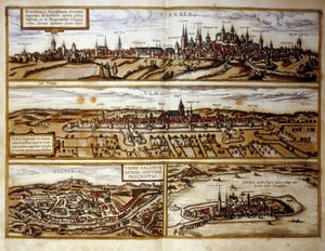 Vista de las ciudades alemanas de Núremberg y Ulm, Salzburgo, Austria. Grabado del Atlas de "Braun y Hogenberg" 1572 de Georg Braun and Hogenberg Franz