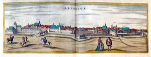 Vista de la ciudad de Leipzig en Alemania. Grabado del Atlas de “Braun y Hogenberg” de principios del siglo XVII