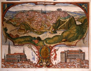 Vista de la ciudad de Toledo en el siglo XVI. Grabado de George Braun en Civitatis Orbis Terrarum Volumen I escrito por Franz Hogenberg (1535-1590) de Georg Braun and Hogenberg Franz