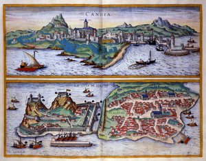 Vista del puerto de Candia (actual Heraklion) en Creta y el puerto de Corfú en Grecia. Grabado de George Braun en Civitatis Orbis Terrarum Volumen I escrito por Franz Hogenberg (1535-1590) de Georg Braun and Hogenberg Franz