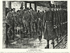 Caricatura de Punch: Un Alma Simpática - vigilando los barrios bajos de Londres de George (after) Du Maurier