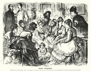 Caricatura de Punch: Adoración del bebé de George (after) Du Maurier