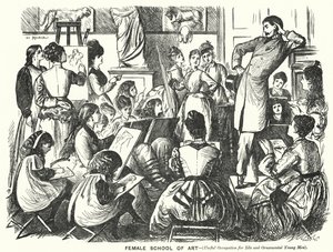 Caricatura de Punch: Escuela de Arte Femenina (Ocupación Útil para Hombres Jóvenes Ociosos y Ornamentales) de George (after) Du Maurier