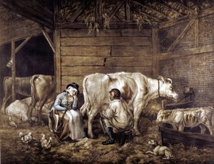 The Cowshed mezzotint según George Morland (1763-1804) Artista inglés. Vaquero ordeñando en un cubo. La lechera espera, sujetando el yugo sobre el que van los cubos. Pajar: Linterna: gallinas. Las lecheras son "bonitas" porque no están afectadas por la vir de George (after) Morland