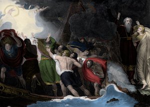 Próspero y Miranda, a la derecha, de pie en la isla mientras los marineros naufragan de George (after) Romney