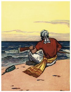 Un pirata abandona en una isla desierta y mira la línea del horizonte. Ilustración de 