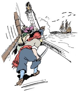 Un barco pirata persiguiendo un barco. Ilustración de "El libro de los piratas y los grandes corsarios" de George Albert Williams (1875-1932) 1900 de George Alfred Williams