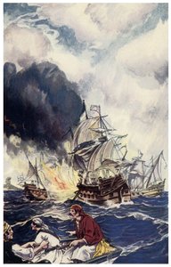 Carga de brulot con explosivos lanzada a un barco. Ilustración de “Piratas de Panamá o Los Bucaneros de América” de George Albert Williams (1875-1932) 1914 de George Alfred Williams
