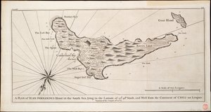 Plano de la isla de Iuan Fernandes en el Mar del Sur, situada en la latitud de 33d. 40m. sur, y al oeste del continente de Chili 110 leguas, c.1750 (grabado) de George Anson