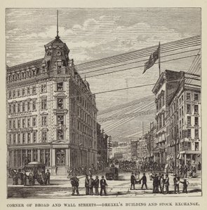 Esquina de Broad y Wall Streets, edificio Drexels y bolsa de valores