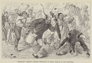 Hoodlums arrojando piedras a emigrantes chinos a su llegada a San Francisco
