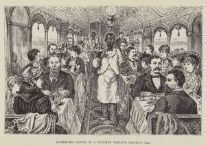 Pasajeros cenando en un coche salón Pullman