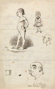 Bocetos: Hombre desnudo, Hombre de pie, Dos perfiles y Caja de George Augustus Sala