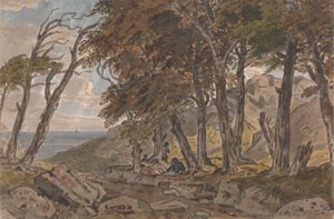 Figuras en la orilla de un camino arbolado, con el mar a lo lejos a la izquierda de George Barret Jr.