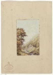 Paisaje montañoso con un arroyo Molino de agua en Wye (título sobre el objeto) de George Baxter