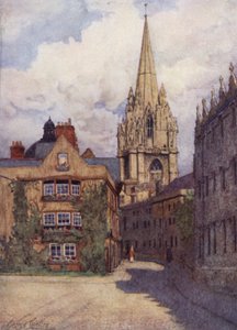 Oxford: Iglesia de Santa María desde la esquina de Oriel Street y Merton Street, con Oriel College a la derecha