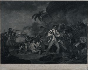 La muerte del capitán James Cook a manos de los indios de Owhyee, una de las islas Sandwich de George Carter