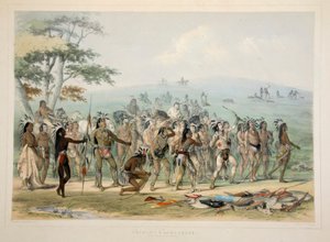 Tiro con arco de los Mandans, pub. 1845 litografía en color de George Catlin