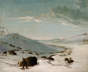 Buffalo Chase en invierno, indios con raquetas de nieve