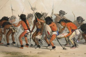 Baile de búfalos (detalle), pub. litografía en color de 1845 de George Catlin