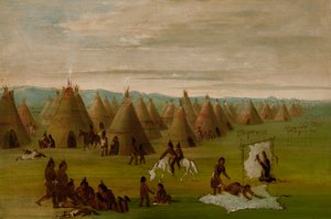 Aldea Comanche, Mujeres Vistiendo Túnicas y Secando Carne, 1834-1835 de George Catlin