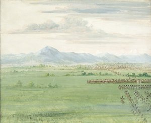 Guerreros comanches, con bandera blanca, recibiendo a los dragones de George Catlin