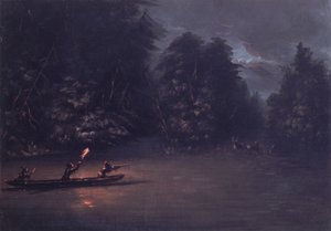 Caza de ciervos con antorchas en canoas de corteza, 1846-1848 de George Catlin