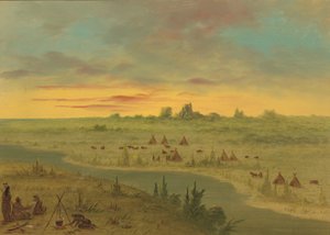 Campamento de indios Pawnee al atardecer