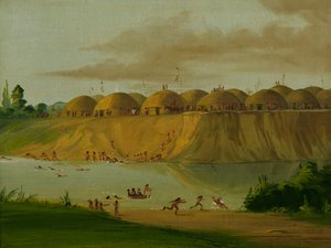 Aldea Hidatsa, cabañas cubiertas de tierra, en el río Knife, 1810 millas arriba de St. Louis, 1832 de George Catlin