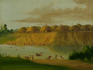 Aldea Hidatsa, cabañas cubiertas de tierra, en el río Knife, 1810 millas por encima de St. de George Catlin