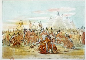 Indios de América: Tribu Assiniboin parecida a los Sioux bailando la danza de la pipa. Ilustración de George Catlin de George Catlin