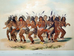 Indios de América: Danza del Oso, ritual de una tribu de Pieles Rojas. Ilustración de George Catlin (1794-1872)
