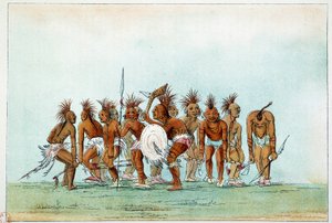 Indios de América: Tribu Black Hawk bailando danza mendicante para turistas. Ilustración de George Catlin (1794-1872) de George Catlin