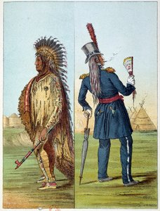 Indios de América: indio assiniboin vestido de militar con dos botellas de whisky en sus bolsillos. Ilustración de George Catlin