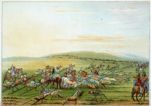 Indios de América: tribu de indios con caballos y perros. Ilustración de George Catlin de George Catlin