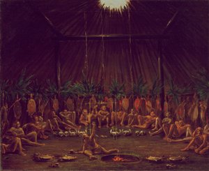 Vista interior del Medicine Lodge, ceremonia Mandan O-kee-pa de George Catlin
